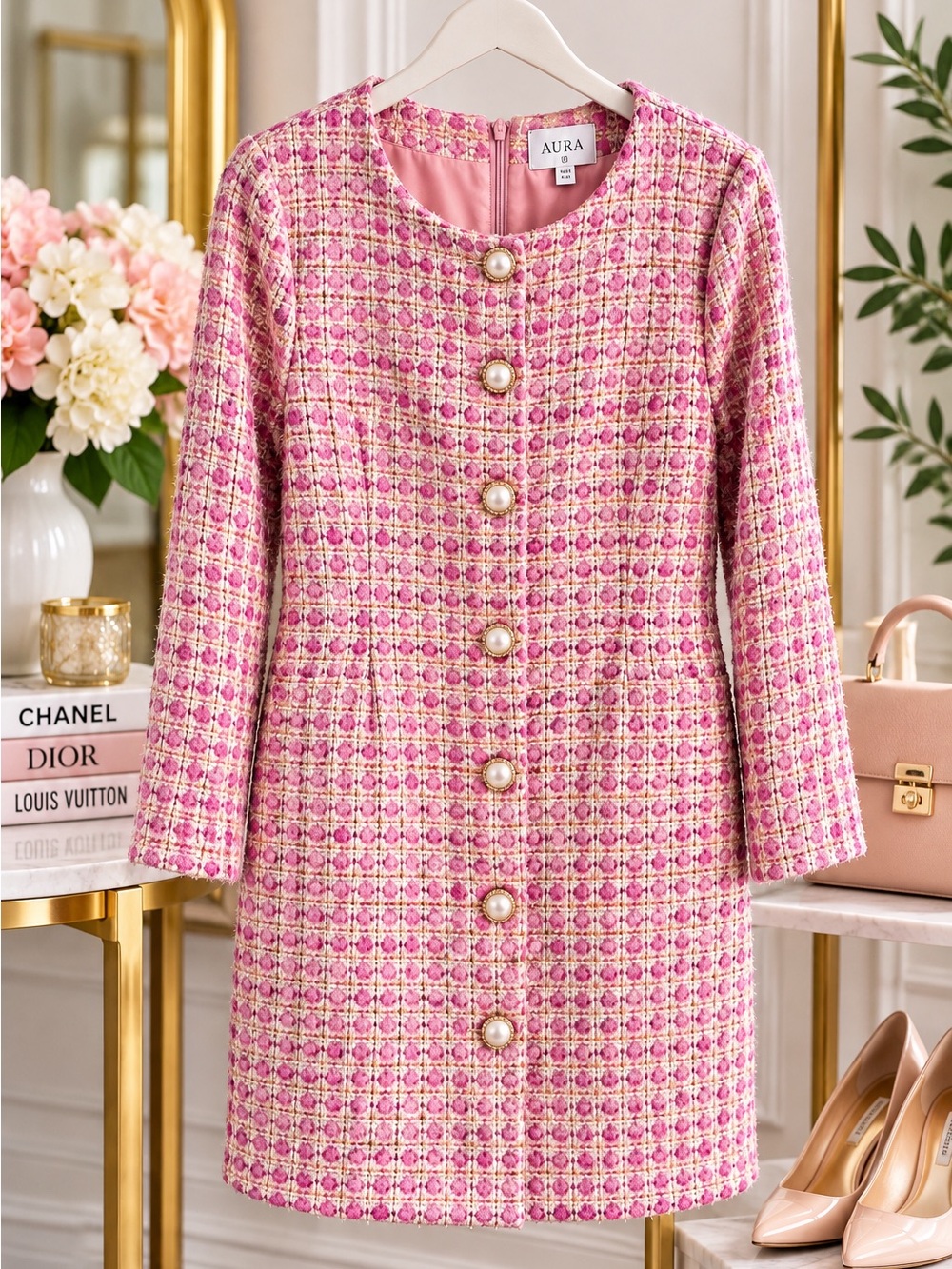 AURA Pink Metallic Tweed Pearl Button Coat Dress – Size Medium